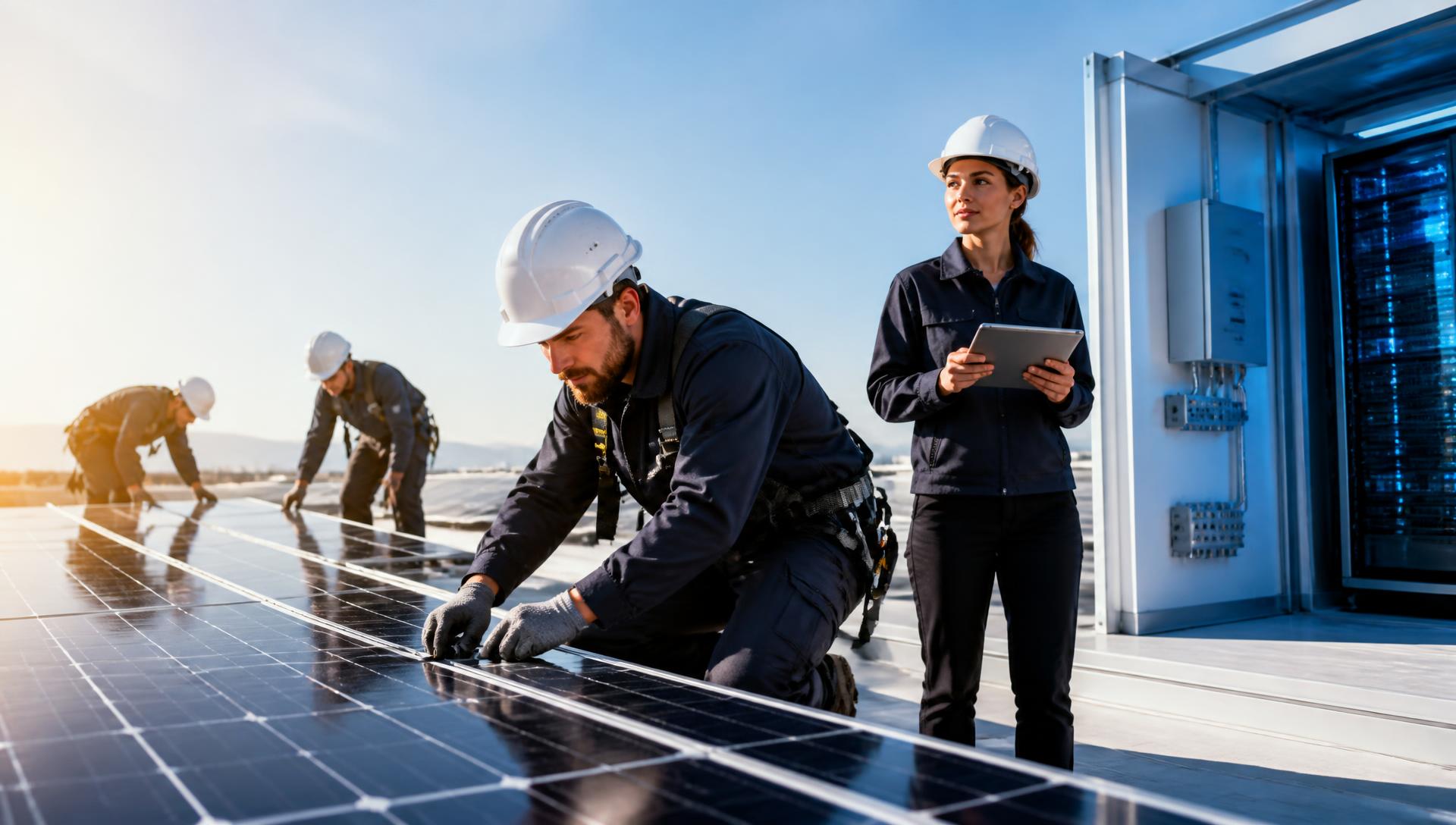 Engineers installing solar panels and configuring electrical and network systems